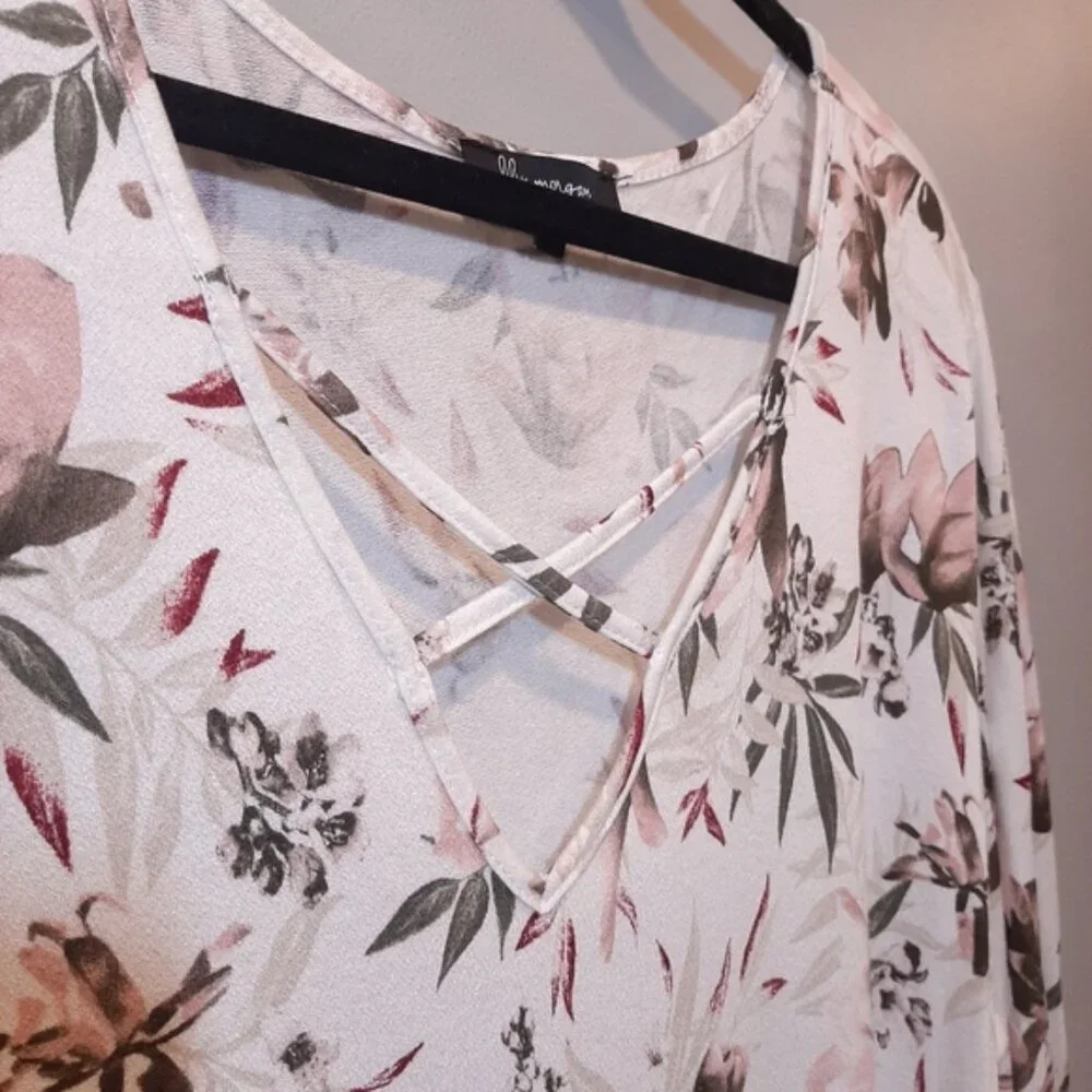 Lily Morgan Floral Long Sleeve Blouse Strappy Crossover Vneck Spring Top - Picture 4 of 10